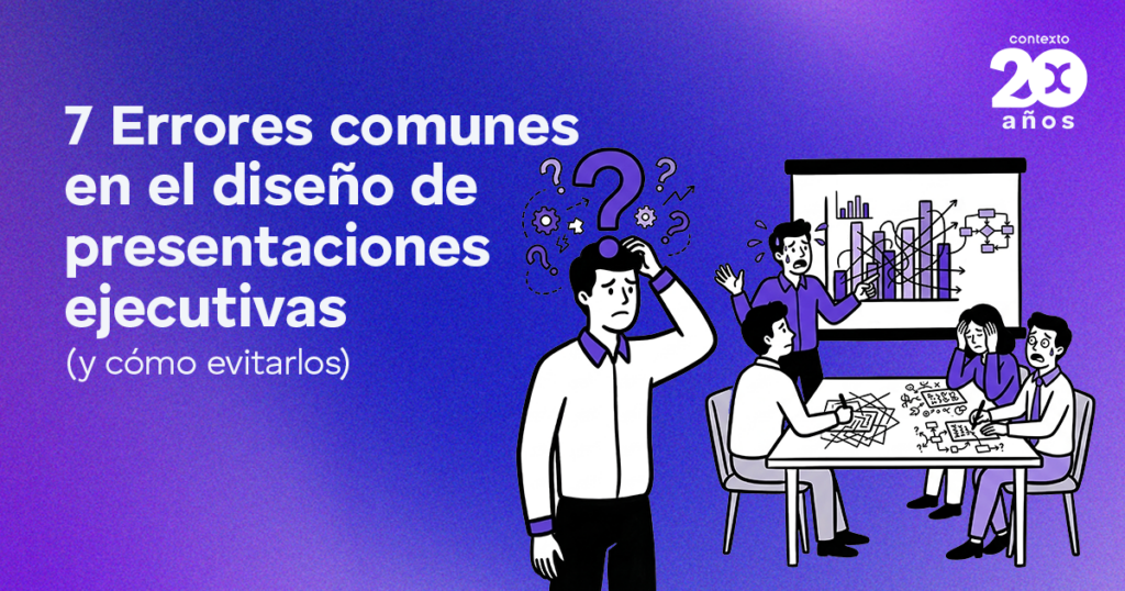 Título: 7 Errores comunes en el diseño de presentaciones ejecutivas (y cómo evitarlos) con equipo en una sala de reuniones ilustrada a la derecha.