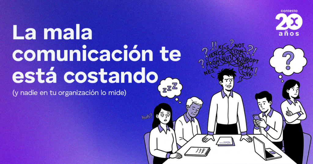 Group of coworkers in a meeting, one frustrated, with tangled words above, illustrating how bad communication costs organizations.
