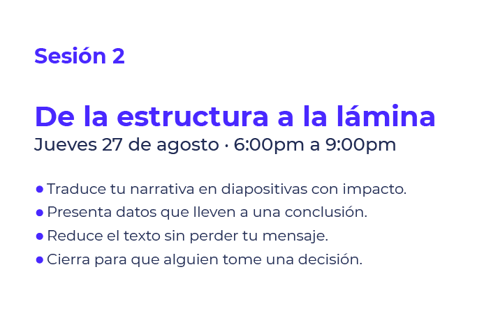 Tarjeta de evento: Sesión 2, 'De la estructura a la lámina', jueves 27 de agosto, 6:00pm–9:00pm; viñetas describen traducción de narrativa, datos, condensar texto y toma de decisiones.