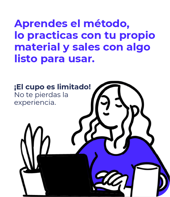 Promotional banner: you learn a method, practice with your own material, and leave with something ready to use; illustration of a person at a laptop.