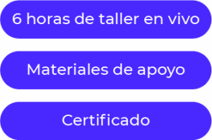 Tres botones azules redondeados con textos: '6 horas de taller en vivo', 'Materiales de apoyo', 'Certificado'