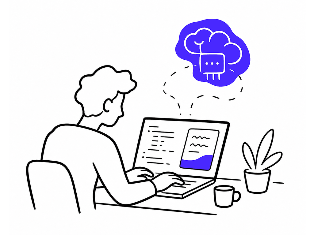 "Persona trabajando en laptop con una herramienta de inteligencia artificial, representando la delegación de criterio"