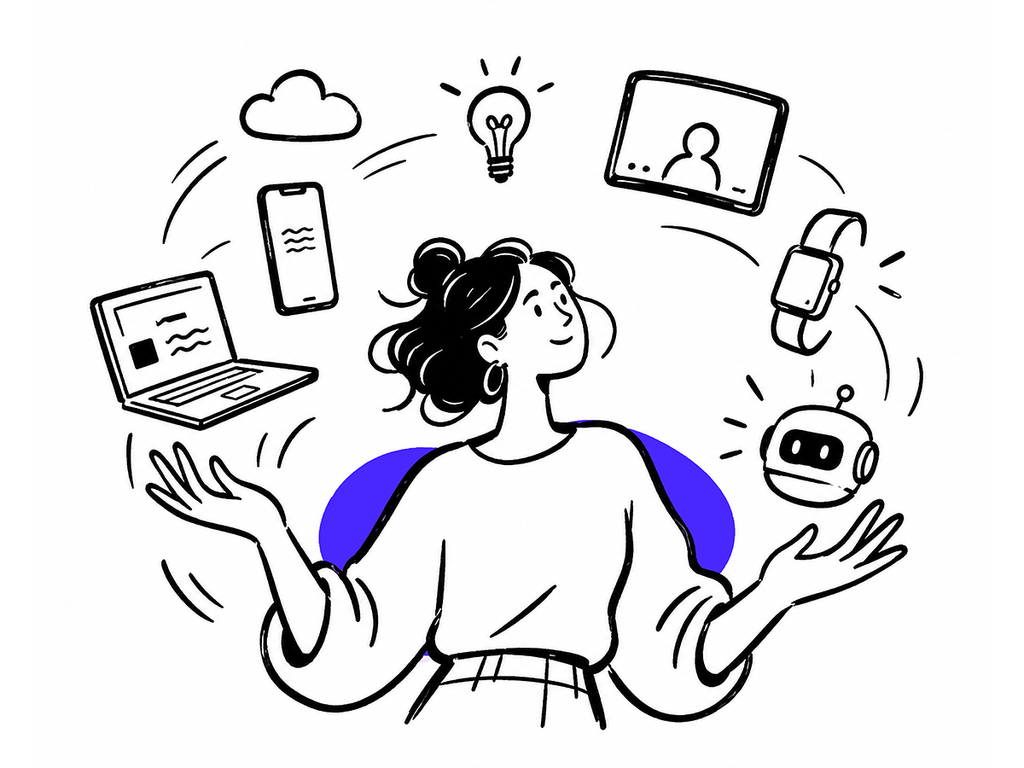 Persona haciendo malabares con íconos de tecnología e ideas, representando la sobrecarga de decidir en la era de la inteligencia artificial"