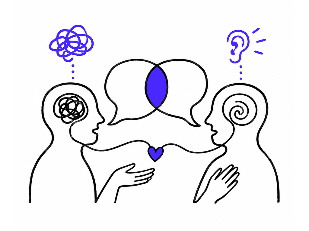 Dos personas conversando con pensamientos conectados, ilustrando una charla sobre racionalidad artificial"