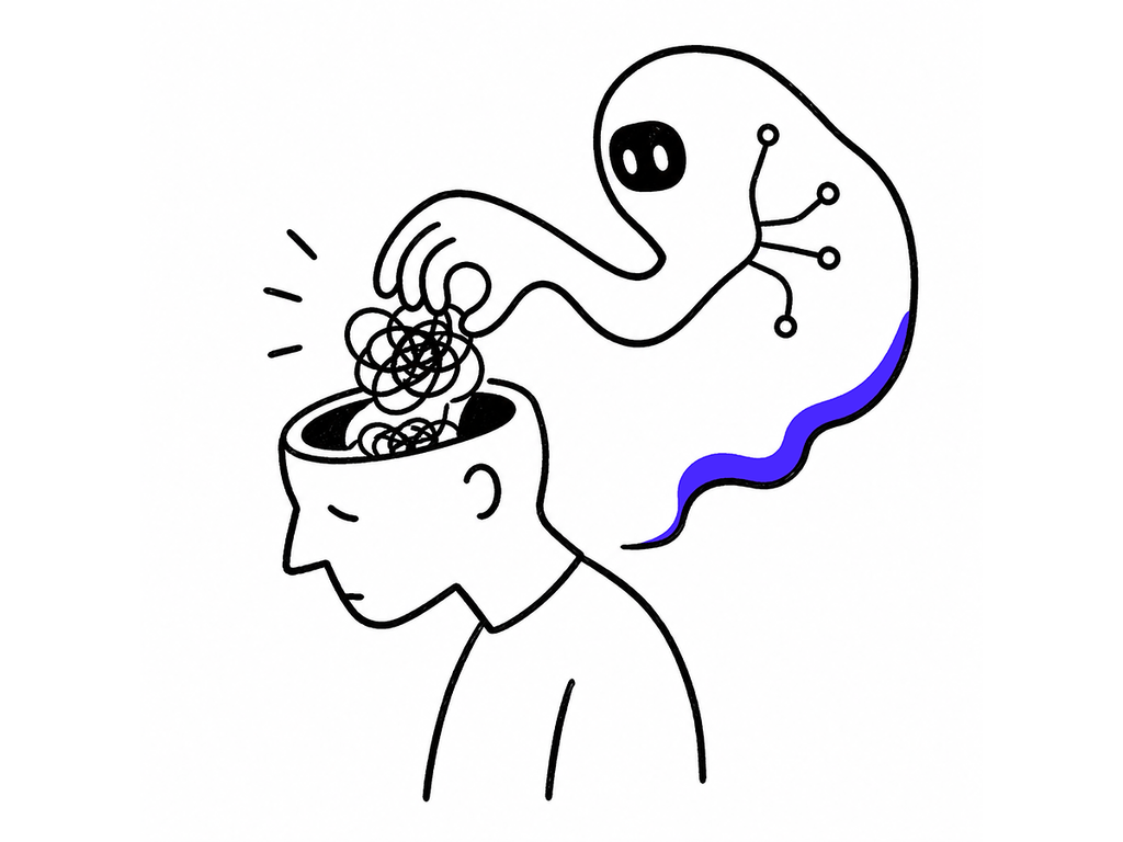 Ilustración de una cabeza de la que se desenreda un hilo de ideas, representando cómo la racionalidad limitada se vuelve flexible con la inteligencia artificial