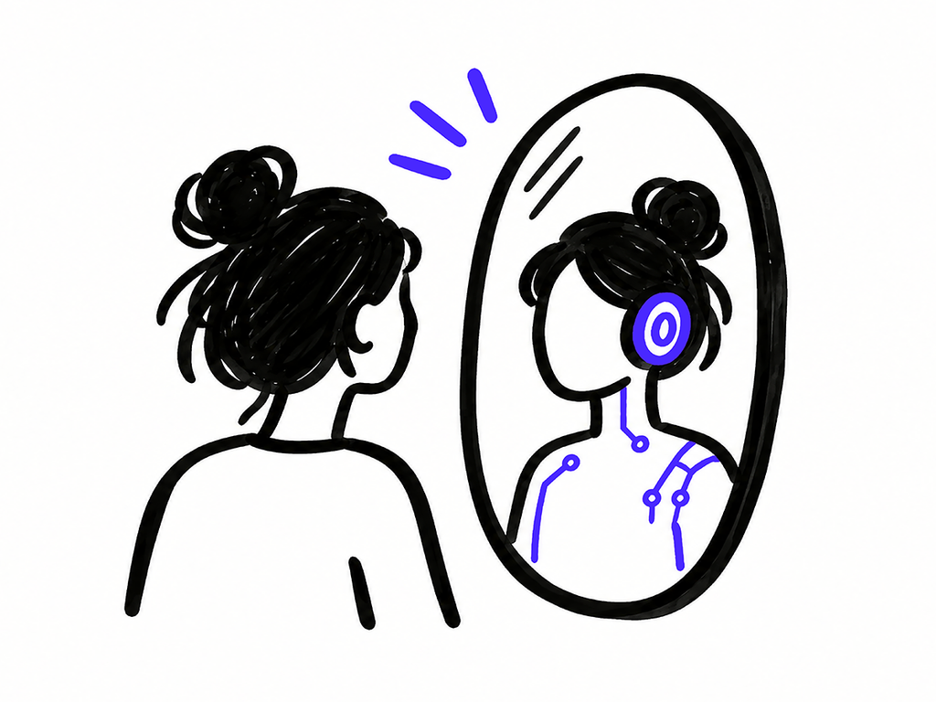 Persona viéndose al espejo con un reflejo conectado a cables y circuitos, representando cómo la inteligencia artificial refleja el propio pensamiento