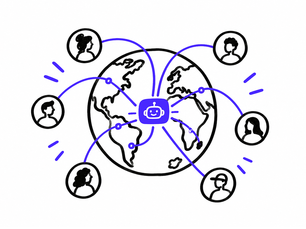 Robot conectado a personas de distintas partes del mundo alrededor de un mapa, representando el sesgo cultural de la inteligencia artificial