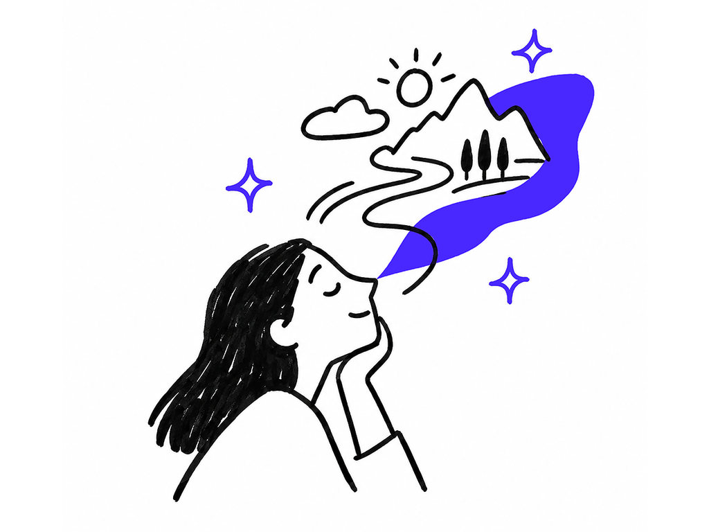 Persona exhalando un paisaje soñado de montañas y río, representando el trampantojo de belleza que puede generar la inteligencia artificial