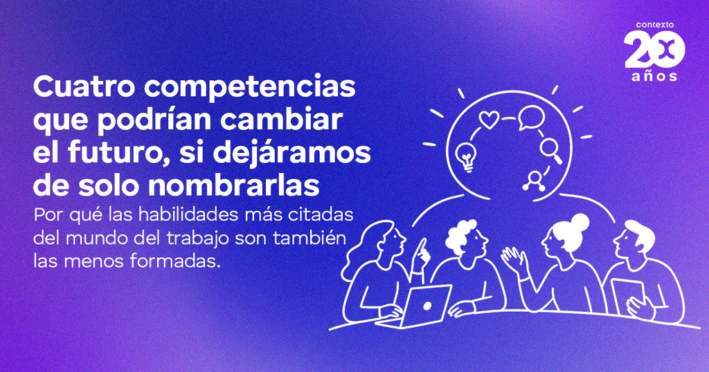 "Equipo colaborando en competencias del futuro: pensamiento crítico, comunicación, colaboración y creatividad"
