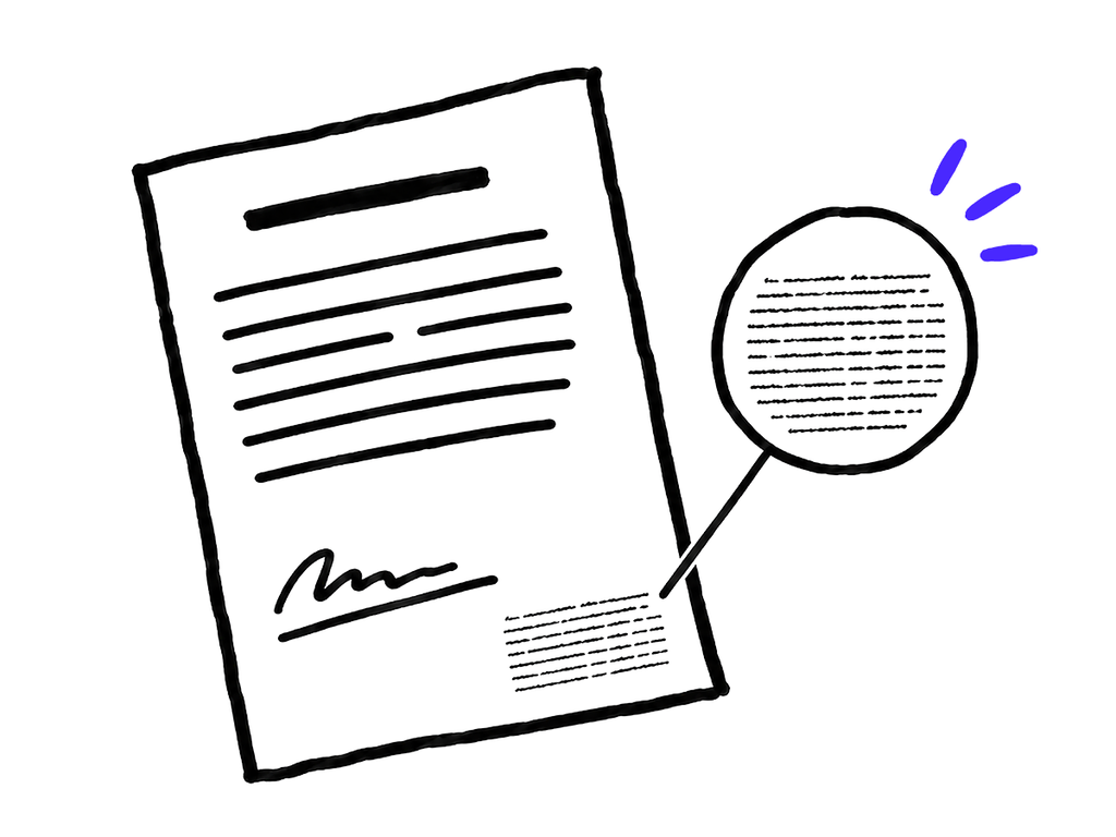 Documento con una lupa que revela letra pequeña, representando la falta de información clara en un contrato