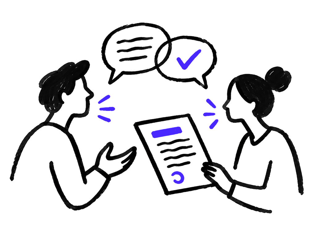 Dos personas conversando con una palomita de aprobación sobre un documento, representando la comunicación clara y los derechos del consumidor