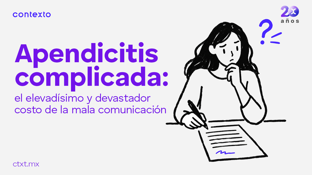 Mujer firmando un documento con expresión de duda, ilustrando la portada del blog sobre apendicitis complicada y el costo de la mala comunicación